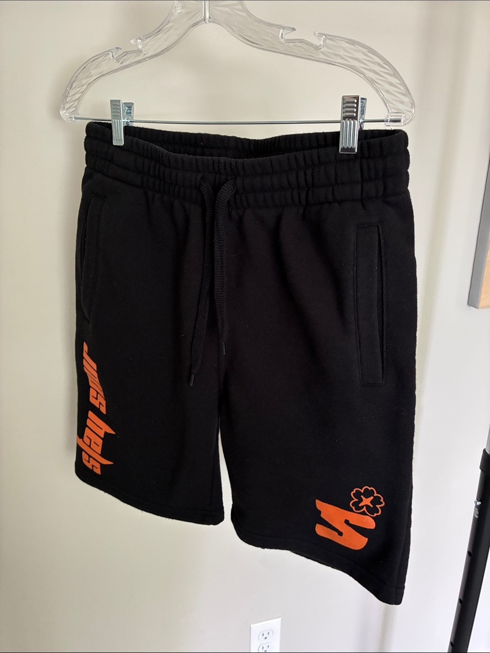 Black Men's Athletic Fleece Shorts with Orange Graphic Details